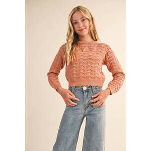 NEW HEART AND ARROW girl's crew neck wavy pointelle sweater in salmon